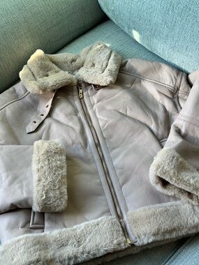 Princess Polly Taupe Faux Shearling Trim Leather Jacket